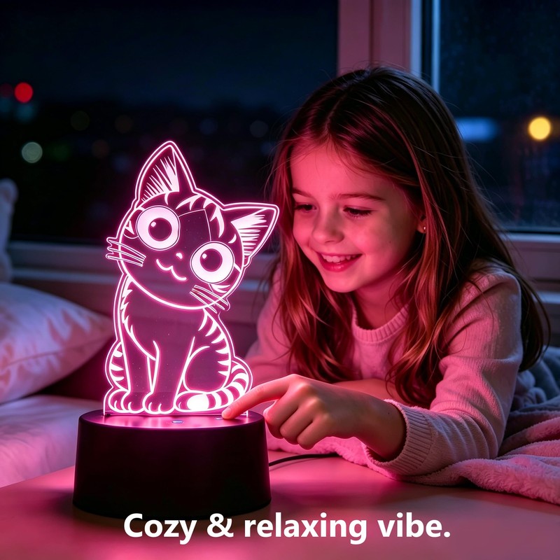 Lumipallas Cat Night Light Remote Control, Kitty Cute 3D Illusion