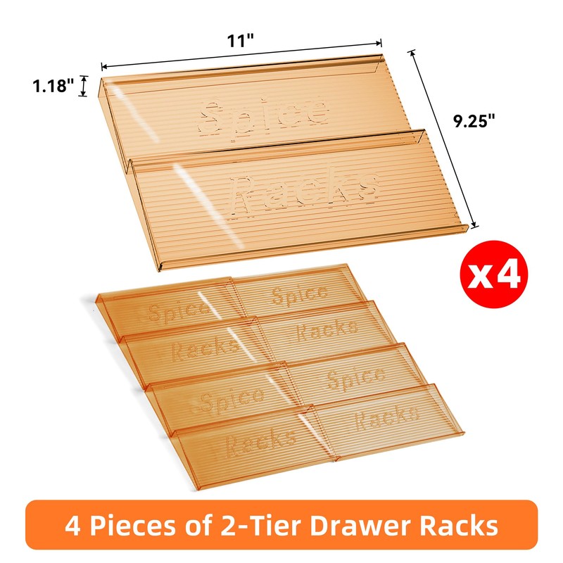PanPanPal Spice Drawer Organizer, 4 Tier- 4 Pack Amber Acrylic