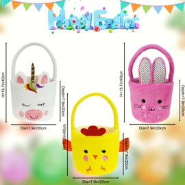 YourBestMemory Dia 7.9" * H 15.7" Set of 3pcs, Adorable Plush Bunny Bucket &Chick Bucket&Unicorn Bag,Large Capacity Cute Easter Egg Hunting Baskets for Party Supplies Candy Gifts Storage