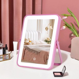 YEKKOPT YEKKOPT Pink Rechargeable Vanity Mirror with Lights, 10"7" LED Makeup Mirror with Lights, Smart Touch Control Dimmable 3 Modes Light, Lighted Up Mirror for Makeup Desk, Bedroom, Dressing Room