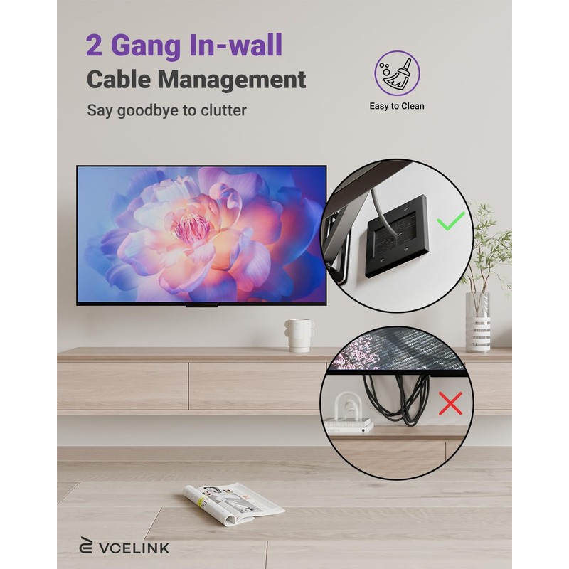 VCELINK 2 Gang Brush Wall Plate (Black, 2 Pack), Cable