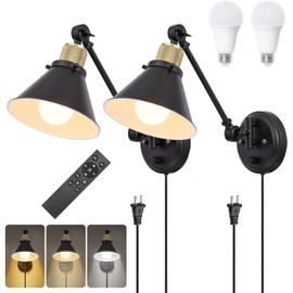 TRLIFE Dimmable Wall Sconce with Remote Control, Plug in Wall Sconces Dimming 10%-100% and Adjustable Color Temperature 2700K-6000K, Swing Arm Wall Lights with Plug in Cord, UL Listed(2 Pack, 2 Bulbs)