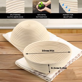 DeJivsin 2pcs Proofing Basket, Round, 23 cm, Banneton Set, Proofing Basket Set, Bread Basket Made of Sustainable Rattan, for Bread Baking, Round Proofing Basket for Bread Baking Holds 1 kg of Dough