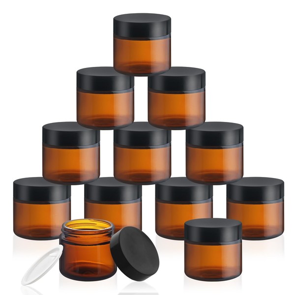 12 Pcs 60g/2oz Amber Glass Jars Empty Cosmetic Containers with