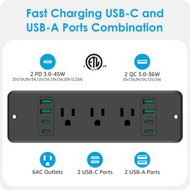 HHSOET 14 in 1 Fast Charging Recessed Power Strip, 45W Furniture Power Outlet USB C, Flush Mount Surge Protection with 6 AC Plugs, 4 USB-A and 4 USB-C, 10ft Power Cord. (Black)