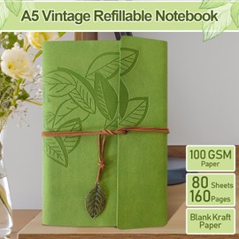 Joy & Inspiration PU Leather Notebook Brown Vintage Refillable Bound Beautiful Travel Diary Ring Binder Sketchbook Vintage Notebook (A5 Light Green, Light Green)