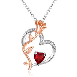 Clearine Rose Flower Heart Birthstone Necklace for Women, 925 Sterling Silver Cubic Zirconia Pendant Heart Necklace Mother's Day Anniversary Christmas Gifts for Mum Women Girls Ruby Red, Sterling