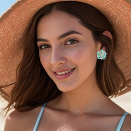 BriLove Cute Flower Ear Studs for Women, Rhinestone Emerald Cut Enamel Leaf Stud Earrings Hypoallergenic Jewelry Gift Green Gold-Tone