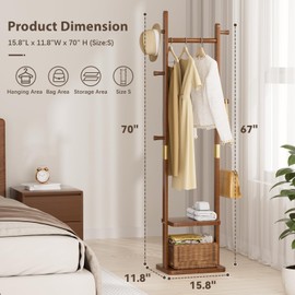 Freestanding Coat Rack, Solid Wood Coat Tree Stand with Double Shelves & 5 Hooks, Heavy Duty Entryway Coat Rack for Hanging Clothes, Hats, Bags (Modern Design，Walnut Brown)