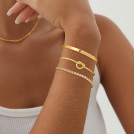 YOEE 9ct Gold Bracelet for Women-Gold Tennis Bracelet Girls Bracelet Gold Bangles Gold Cuff Bracelet Gold Jewellery Set, 3pcs Bracelets for Womens Birthday Christmas Anniversary