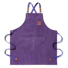 DEVECHO Chef Apron Medium-Thick Cotton Canvas,Cross Back with Multiple Pockets Adjustable Work Apron for Men and Women (Purple)