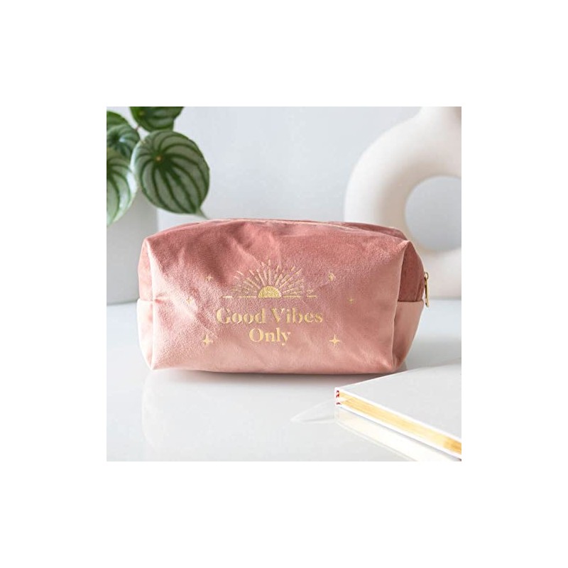 Stunning Pink "Good Vibes Only" Velvet Toiletry Bag - 11cm