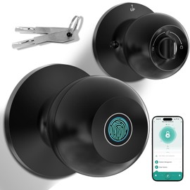 Usteetic Smart Door Knob, Fingerprint Door Locks for Bedrooms with App Control & Key, Type-C Port Emergency Charging, Biometric Lock Suitable for Front Door, Home, Apartment, Office (Silvery)
