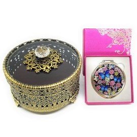 T-box Vintage Antique Decorative Metal Jewelry Trinket Ring Box and Compact Handheld Mirror Gift Set of 2 for Birthday, Wedding Anniversary, Valentine's Day, Mother’s Day (Matte Gold)