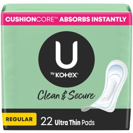 U by Kotex Ultra Thin Pads, Clean & Secure, Regular Absorbency, 22 Count (Packaging May Vary)