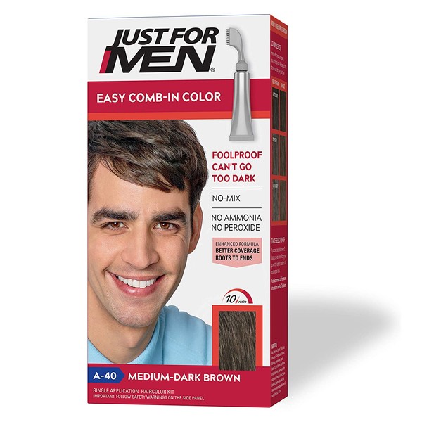 Just For Men Easy Comb-In Color (Formerly Autostop), Gray Hair Coloring for Men with Comb Applicator - Medium-Dark Brown, A-40 (Packaging May Vary)