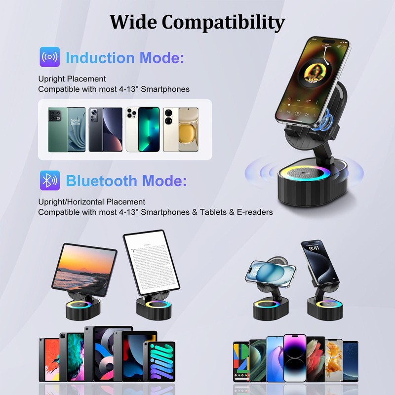 AKLLCCR Wireless Induction Audio Bluetooth Speaker 5in1 Phone Holder Emergency