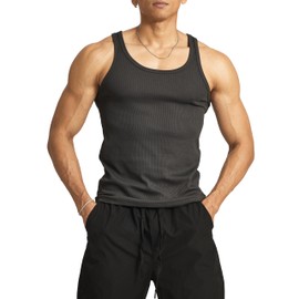 Ouber Men's Ribbed Gym Tank Top Fitness Workout Muscle Sleeveless Bodybuilding Shirt, Deep Grey M