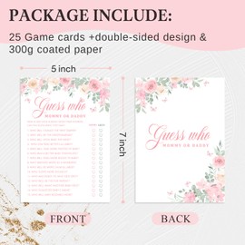 YUISLE Pink Floral Baby Shower Games for Girl, 25 Double-Side Guess Who Mommy or Daddy Game Set for Guest, Baby in Bloom Decorations Favor for Gender Reveal Party -C08