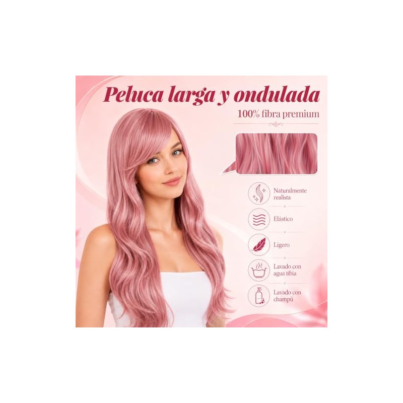 Pelucas Rosa Onduladas y Rizadas para Mujeres