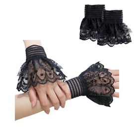 MIUPOO Detachable Fake Sleeve,Floral Layered Cuff,Elastic Fingerless Hand Sleeve Ruffled Floral Short Lace Gloves for Party Prom Masquerade,Wrist Warmers,Black