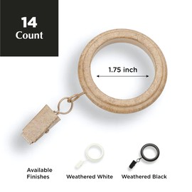 MODE Farmhouse Collection Beveled Curtain Clip Rings, Set of 14 Curtain Rings with Clips, Fits MODE Farmhouse Curtain Rod Sets, 1 3/4”, Weathered Oak