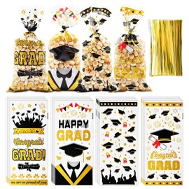 160 Pieces 4 Styles Graduation Cellophane Treat Bags with Twist Ties, Congrats Grad Cap and Diploma Designs Clear Goodie Bags for Graduation Party Favors, Candy, Snacks, and Gift Wrapping Supplies