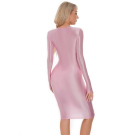 Women Metallic Sheer Dress Shiny Long Sleeve Bodycon Dress Skinny Silky Pencil Dress for Club Festival Party Pink M