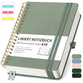 RETTACY Notebook B5 Lined, Bullet Journal with 100 g/m² Thick Paper, 150 Sheets/300 Numbered Pages, College Pad for Office and School, Leather Cover, Light Green, 17.6 cm x 25 cm