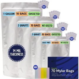 70 pcs 14 Mil Mylar Bags for Food Storage with oxygen absorbers -1 Gallon (10), 2 Quart (10), 1 Quart (20), Half Pint (30) with 500cc, 400cc, 300cc, 200cc OA Resealable Mylar Bags + Colorful labels