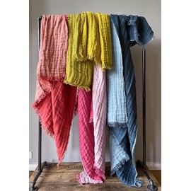 JOWOLLINA Doubleface Plaid Bed Throw Linen Stonewashed (Mustard Yellow, 135 x 190 cm)