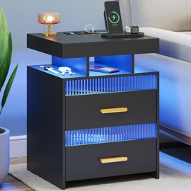 Black Night Stand with Charging Station: All in One Nightstand with Drawers Bedside Table with LED Light & Human Sensor Design Modern End Table for Bedroom Livingroom Office