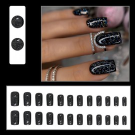 Black Press on Nails Short Square Fake Nails with Silver Glitter Designs Acrylic Nails Artificial Nails Bling Stick on Nails Full Cover Sparkly Glue on Nails for Women Girls Daily Wear Manicure 24PCS