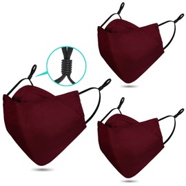 Reusable 3-Ply Cloth Face Mask Adjustable Ear Loops/Nose Wire/Filter Pocket, Washable Organic Cotton Masks Dustproof Outdoor for Women Men Adults (3 Burgundy)