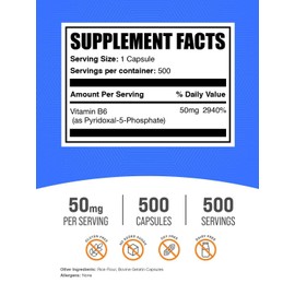 BulkSupplements.com Pyridoxal 5 Phosphate Capsules - P-5-P Vitamin B6 Supplement, P-5-P 50mg, P5P Supplement - Gluten Free, 1 Capsule per Serving, 500 Count (Pack of 1)