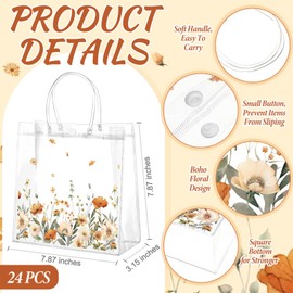 Resholder 24 Pcs Boho Flower Clear Gift Bags Wild Floral PVC Treat Tote with Handle Fall Thanksgiving Goodie Gift Bags for Wedding Birthday Baby Shower Bridal Tea Party Supplies, 8 x 8 x 3.15 Inch