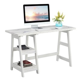 Convenience Concepts Designs2Go Trestle Desk with Shelves, 47", White Faux Marble/White