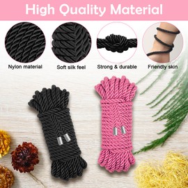 Coldairsoap Soft Silk Rope, Pink Nylon Rope Skin Friendly Twisted Trim Cord Rope for Christmas Home Décor Embellish Costumes Bag Drawstrings (Black & Pink, 32ft)