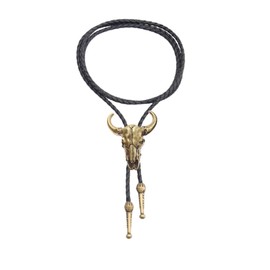 Jeilwiy Western Bolo Tie for Men Gold Cow Skull Bolo Tie Black Leather Bolo Necktie Necklace