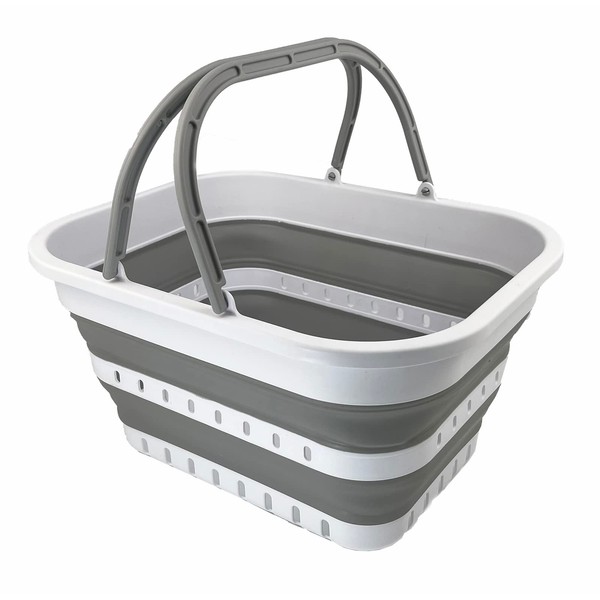 SAMMART Collapsible Shopping Basket (19L Collapsible Shopping Basket (White/Grey))
