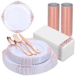 RFSLDUN 350PCS Rose Gold Plastic Dinner Plates, Disposable Rose Gold Lace Cutlery, Includes: 50 Dinner Plates, 50 Dessert Plates, 50 Napkins and Three Types of Rose Gold Silverware, 50 Cups