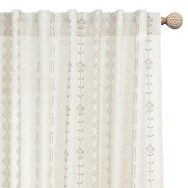 60 Inch Curtains Length,Linen Sheer Boho Farmhouse Floral Printed Pleated Back Tab Rod Pocket Curtains for Bedroom Living Room 2 Panel Set