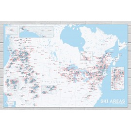 North America Ski Resorts Map 24x36 Poster (White & Light Blue)