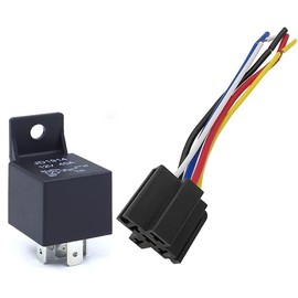 JUTOSU 5 Pole Relay, In-Car Relay, SPDT Relay Socket with Plug, for Car Motor, DC 12V, 40A, Fuse On/Off, 5 Wires, Black, 1 Piece