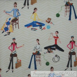 Robert Kaufman BonEful Fabric FQ Cotton Quilt VTG White Tan Chevron Lady Art Pattern Print Sale