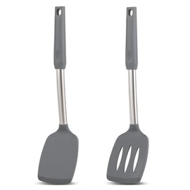 Cooptop Pack of 2 Non Stick Solid & Slotted Silicone Spatula Set, Heat Resistant Silicone Turners for Fish,Eggs,Pancakes (Black Grey)