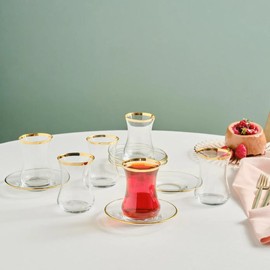 KARACA Sydney 12-Piece Glass Turkish Tea Set for 6 People, Gold, Tea Service, 6 Turkish Tea Glasses with Saucers, 12 Pieces, Glass, Tea Plates/Saucers
