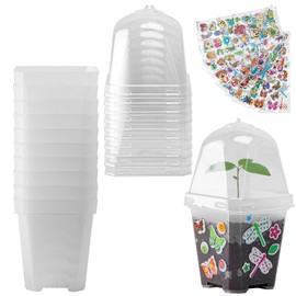 EBaokuup 10 Pcs Clear Plant Nursery Pots with Humidity Dome-3" Reusable Plastic Gardening Pot with Printed Labels-Small Seed Starting Pots for Seedlings,Vegetables,Succulents,Cuttings