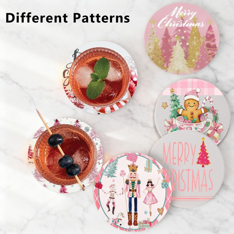 6Pcs Pink Christmas Coasters with Holder, Gingerbread Nutcracker Coaster