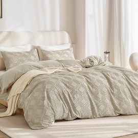 JELLYMONI Duvet Cover Queen Size Light Khaki - 3PCS Boho Duvet Cover Set Plaid Microfiber Tufted Bohemian Jacquard Knit Textured Comforter Cover 90×90in Rhombic Geometric Pattern Zipper Corner Tie